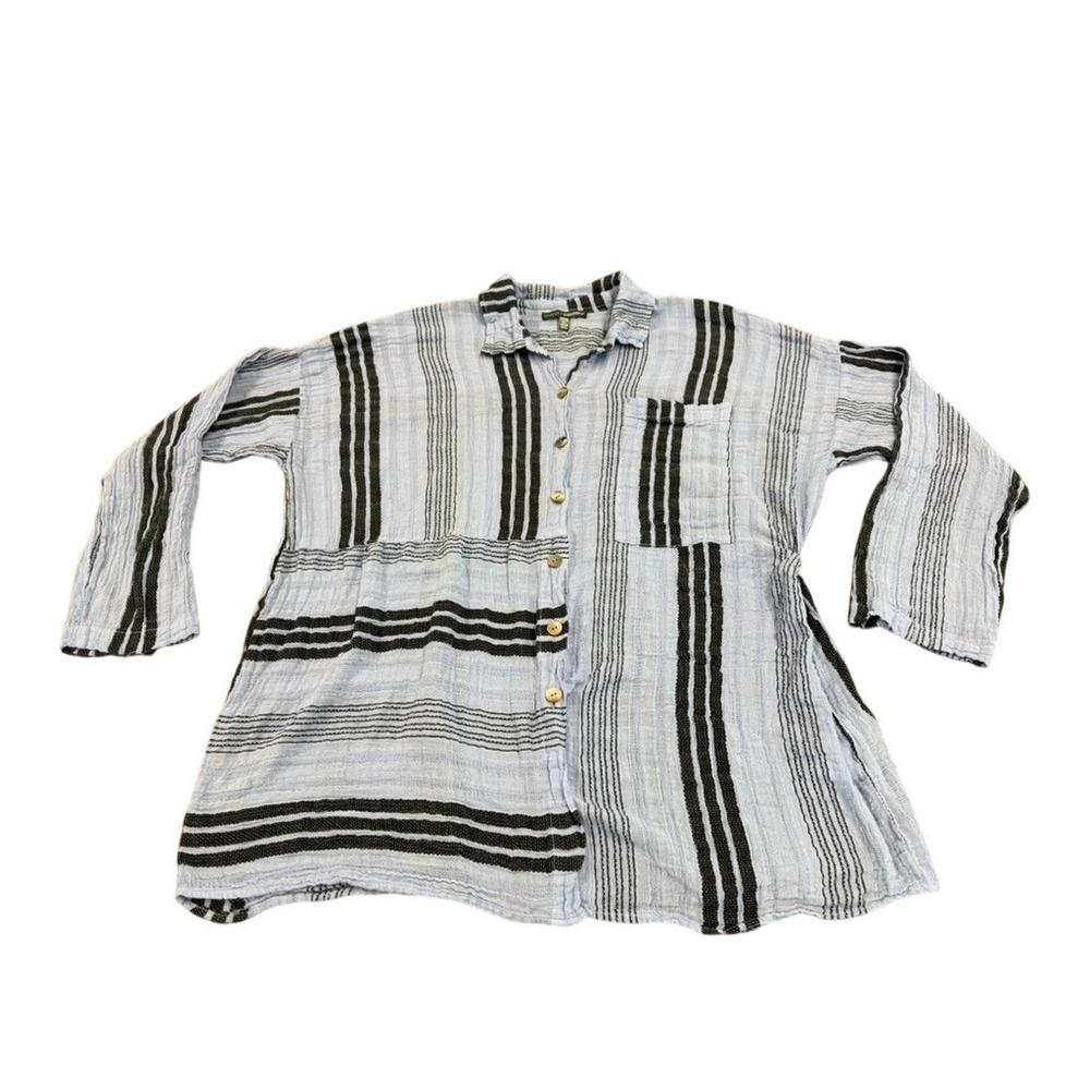Shannon Passero Blue Black Striped Crinkle Gauze Button Down Tunic Shirt M/L